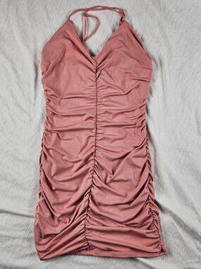 Love tree Pink slinky ruched keyhole mini dress Large